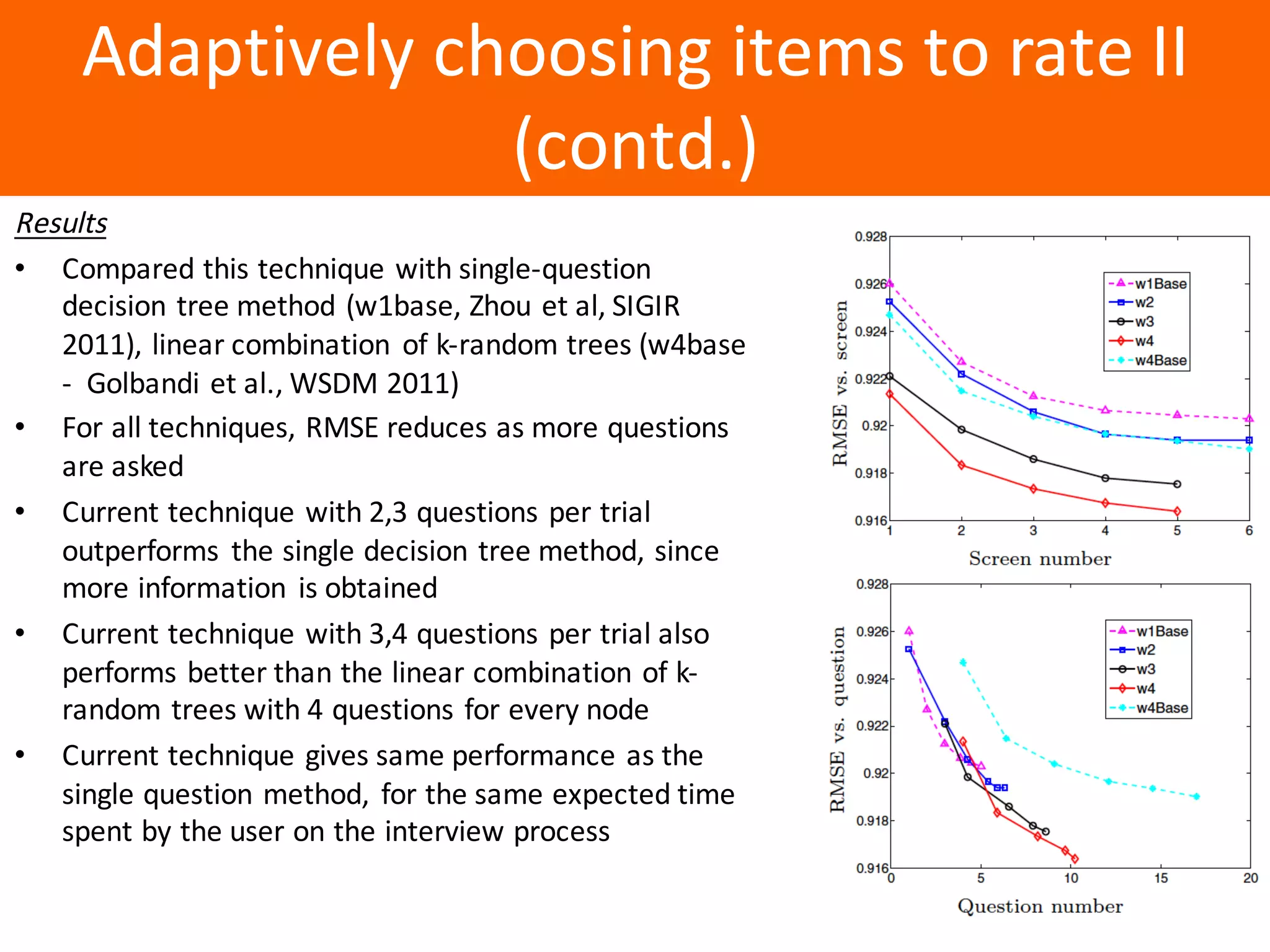 Образец	заголовка
Adaptively	choosing	items	to	rate	II	
(contd.)
Results
• Compared	this	technique	with	single-question	
decision	tree	method	(w1base,	Zhou	et	al,	SIGIR	
2011),	linear	combination	 of	k-random	trees	(w4base	
- Golbandi et	al.,	WSDM	2011)
• For	all	techniques,	RMSE	reduces	as	more	questions	
are	asked
• Current	technique	with	2,3	questions	per	trial	
outperforms	 the	single	decision	tree	method,	since	
more	information	 is	obtained
• Current	technique	with	3,4	questions	per	trial	also	
performs	better	than	the	linear	combination	of	k-
random	trees	with	4	questions	for	every	node
• Current	technique	gives	same	performance	as	the	
single	question	method,	 for	the	same	expected	time	
spent	by	the	user	on	the	interview	process
 