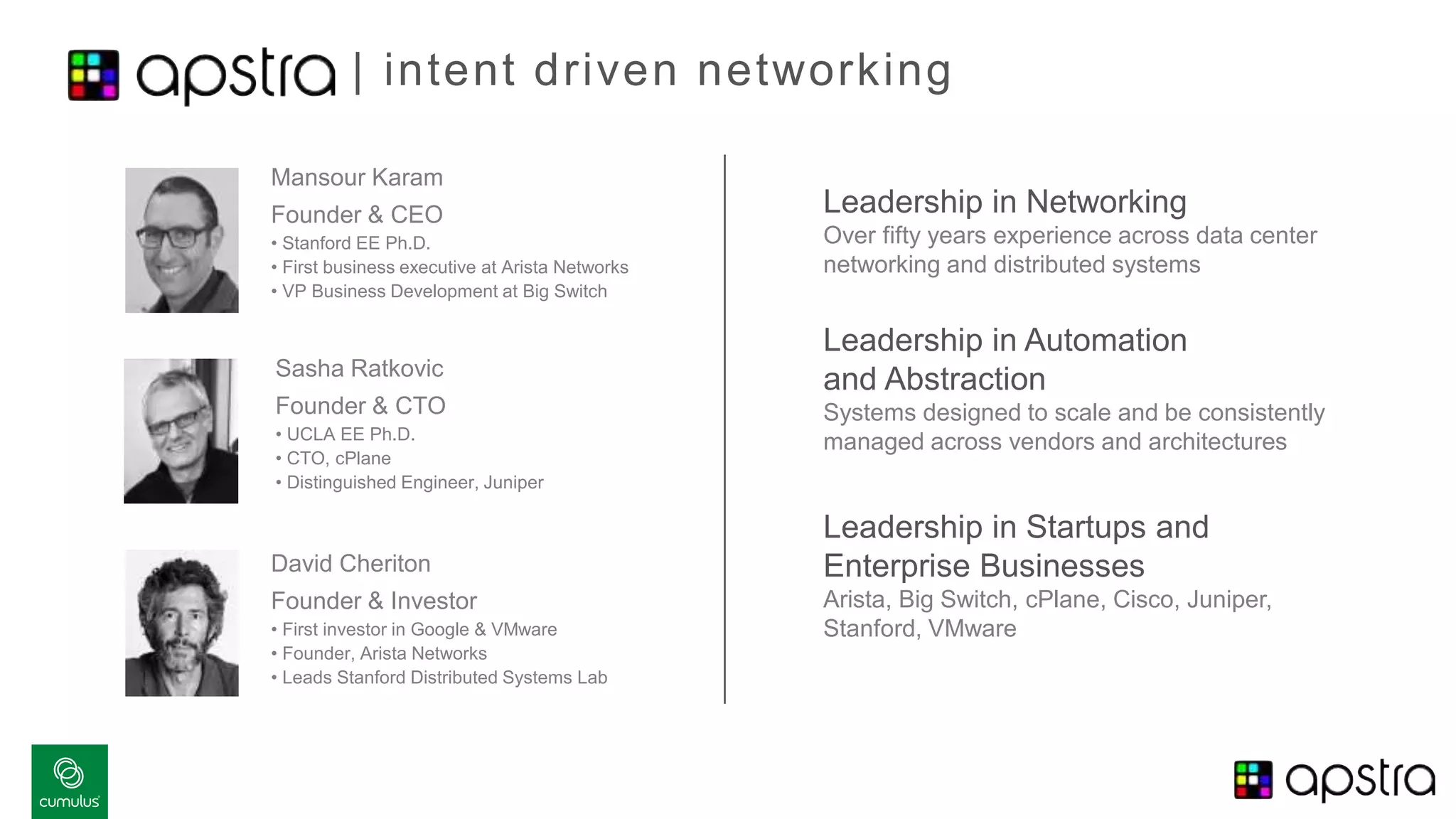 David Cheriton
Founder & Investor
• First investor in Google & VMware
• Founder, Arista Networks
• Leads Stanford Distributed Systems Lab
Mansour Karam
Founder & CEO
• Stanford EE Ph.D.
• First business executive at Arista Networks
• VP Business Development at Big Switch
Sasha Ratkovic
Founder & CTO
• UCLA EE Ph.D.
• CTO, cPlane
• Distinguished Engineer, Juniper
| intent driven networking
Leadership in Networking
Over fifty years experience across data center
networking and distributed systems
Leadership in Automation
and Abstraction
Systems designed to scale and be consistently
managed across vendors and architectures
Leadership in Startups and
Enterprise Businesses
Arista, Big Switch, cPlane, Cisco, Juniper,
Stanford, VMware
 