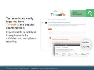 © 2016 Denim Group – All Rights Reserved
AppScan: FailThreadFix: Fail
Test results are easily
imported from
ThreadFix and popular
scanning tools.
Imported data is matched
to requirements for
validation and compliance
reporting
Copyright © 2016 Security Compass. All rights reserved.
 