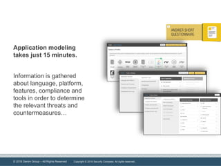 © 2016 Denim Group – All Rights Reserved
Application modeling
takes just 15 minutes.
Information is gathered
about language, platform,
features, compliance and
tools in order to determine
the relevant threats and
countermeasures…
Copyright © 2016 Security Compass. All rights reserved..
 
