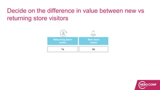 Decide on the difference in value between new vs
returning store visitors
Returning store
visitor
1x
New store
visitor
4x
 