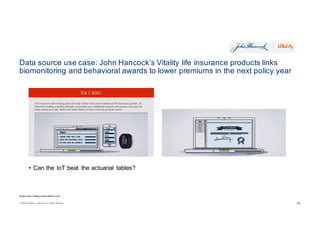 © 2016 Celent, a division of Oliver Wyman 1818
Data source use case: John Hancock’s Vitality life insurance products links
biomonitoring and behavioral awards to lower premiums in the next policy year
• Can the IoT beat the actuarial tables?
Source:http://www.jhrewards lif e.com/
 