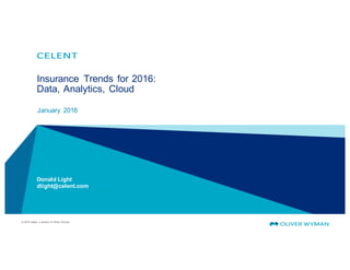 © 2016 Celent, a division of Oliver Wyman
Insurance Trends for 2016:
Data, Analytics, Cloud
January 2016
Donald Light
dlight@celent.com
 