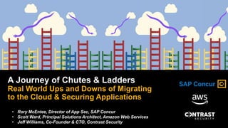 • Rory McEntee, Director of App Sec, SAP Concur
• Scott Ward, Principal Solutions Architect, Amazon Web Services
• Jeff Williams, Co-Founder & CTO, Contrast Security
A Journey of Chutes & Ladders
Real World Ups and Downs of Migrating
to the Cloud & Securing Applications
 