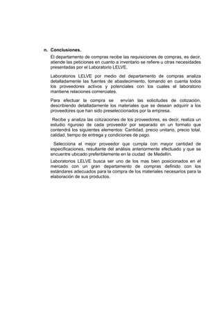n. Conclusiones.
  El departamento de compras recibe las requisiciones de compras, es decir,
  atiende las peticiones en cuanto a inventario se refiere u otras necesidades
  presentadas por el Laboratorio LELVE.
  Laboratorios LELVE por medio del departamento de compras analiza
  detalladamente las fuentes de abastecimiento, tomando en cuenta todos
  los proveedores activos y potenciales con los cuales el laboratorio
  mantiene relaciones comerciales.
  Para efectuar la compra se       envían las solicitudes de cotización,
  describiendo detalladamente los materiales que se desean adquirir a los
  proveedores que han sido preseleccionados por la empresa.
   Recibe y analiza las cotizaciones de los proveedores, es decir, realiza un
  estudio riguroso de cada proveedor por separado en un formato que
  contendrá los siguientes elementos: Cantidad, precio unitario, precio total,
  calidad, tiempo de entrega y condiciones de pago.
   Selecciona el mejor proveedor que cumpla con mayor cantidad de
  especificaciones, resultante del análisis anteriormente efectuado y que se
  encuentre ubicado preferiblemente en la ciudad de Medellín.
  Laboratorios LELVE busca ser uno de los mas bien posicionados en el
  mercado con un gran departamento de compras definido con los
  estándares adecuados para la compra de los materiales necesarios para la
  elaboración de sus productos.
 