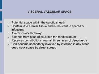 VISCERAL VASCULAR SPACE
● Potential space within the carotid sheath
● Contain little areolar tissue and is resistant to sperad of
infections
● Aka “lincoln's Highway”
● Extends from base of skull into the mediastimum
● Receives contributions from all three layes of deep fascia
● Can become secondarily involved by infection in any other
deep neck space by direct spread
 