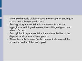 ● Mylohyoid muscle divides space into a superior sublingual
space and submylohyoid space
● Sublingual space contains loose areolar tissue, the
hypoglossa and lingual nerves, the sublingual gland and
wharton's duct
● Submylohyoid space contains the anterior bellies of the
digastric and submandibular glands
● These two subdivisions freely communicate around the
posterior border of the mylyhyoid
 