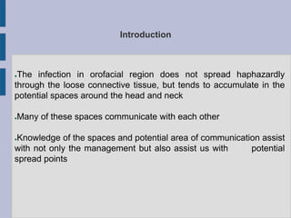 Introduction
●The infection in orofacial region does not spread haphazardly
through the loose connective tissue, but tends to accumulate in the
potential spaces around the head and neck
●Many of these spaces communicate with each other
●Knowledge of the spaces and potential area of communication assist
with not only the management but also assist us with potential
spread points
 