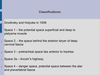 Classifications:
● Grodinsky and Holyoke in 1938
● Space 1 – the potential space superficial and deep to
platysma muscle
● Space 2. - the space behind the anterior laryer of deep
cervical fascia
● Space 3 – pretracheal space lies anterior to trachea
● Space 3a – lincoln”s highway
● Space 4 – danger space, potential space between the alar
and prevertebral fascia
 