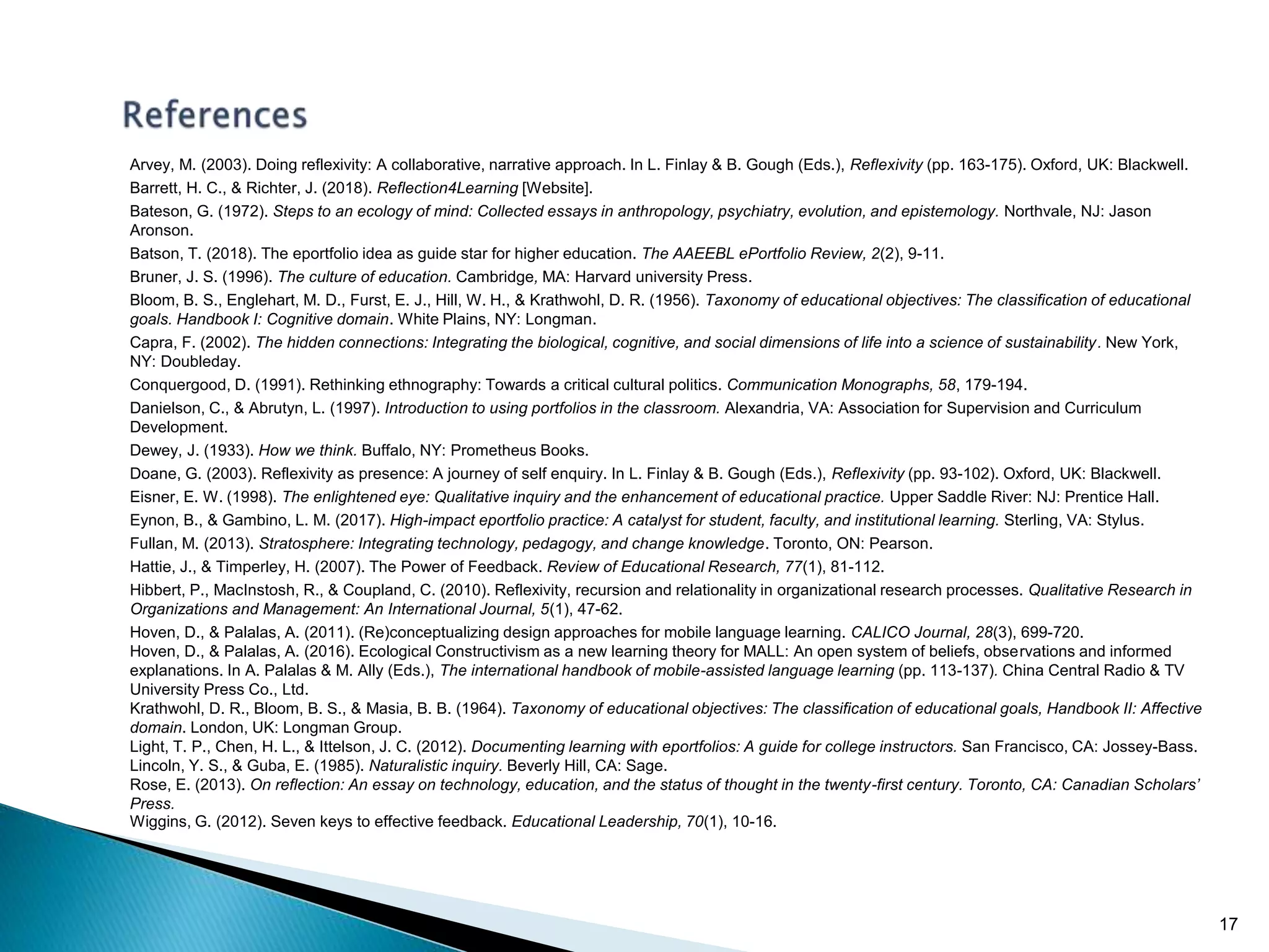 17
Arvey, M. (2003). Doing reflexivity: A collaborative, narrative approach. In L. Finlay & B. Gough (Eds.), Reflexivity (pp. 163-175). Oxford, UK: Blackwell.
Barrett, H. C., & Richter, J. (2018). Reflection4Learning [Website].
Bateson, G. (1972). Steps to an ecology of mind: Collected essays in anthropology, psychiatry, evolution, and epistemology. Northvale, NJ: Jason
Aronson.
Batson, T. (2018). The eportfolio idea as guide star for higher education. The AAEEBL ePortfolio Review, 2(2), 9-11.
Bruner, J. S. (1996). The culture of education. Cambridge, MA: Harvard university Press.
Bloom, B. S., Englehart, M. D., Furst, E. J., Hill, W. H., & Krathwohl, D. R. (1956). Taxonomy of educational objectives: The classification of educational
goals. Handbook I: Cognitive domain. White Plains, NY: Longman.
Capra, F. (2002). The hidden connections: Integrating the biological, cognitive, and social dimensions of life into a science of sustainability. New York,
NY: Doubleday.
Conquergood, D. (1991). Rethinking ethnography: Towards a critical cultural politics. Communication Monographs, 58, 179-194.
Danielson, C., & Abrutyn, L. (1997). Introduction to using portfolios in the classroom. Alexandria, VA: Association for Supervision and Curriculum
Development.
Dewey, J. (1933). How we think. Buffalo, NY: Prometheus Books.
Doane, G. (2003). Reflexivity as presence: A journey of self enquiry. In L. Finlay & B. Gough (Eds.), Reflexivity (pp. 93-102). Oxford, UK: Blackwell.
Eisner, E. W. (1998). The enlightened eye: Qualitative inquiry and the enhancement of educational practice. Upper Saddle River: NJ: Prentice Hall.
Eynon, B., & Gambino, L. M. (2017). High-impact eportfolio practice: A catalyst for student, faculty, and institutional learning. Sterling, VA: Stylus.
Fullan, M. (2013). Stratosphere: Integrating technology, pedagogy, and change knowledge. Toronto, ON: Pearson.
Hattie, J., & Timperley, H. (2007). The Power of Feedback. Review of Educational Research, 77(1), 81-112.
Hibbert, P., MacInstosh, R., & Coupland, C. (2010). Reflexivity, recursion and relationality in organizational research processes. Qualitative Research in
Organizations and Management: An International Journal, 5(1), 47-62.
Hoven, D., & Palalas, A. (2011). (Re)conceptualizing design approaches for mobile language learning. CALICO Journal, 28(3), 699-720.
Hoven, D., & Palalas, A. (2016). Ecological Constructivism as a new learning theory for MALL: An open system of beliefs, observations and informed
explanations. In A. Palalas & M. Ally (Eds.), The international handbook of mobile-assisted language learning (pp. 113-137). China Central Radio & TV
University Press Co., Ltd.
Krathwohl, D. R., Bloom, B. S., & Masia, B. B. (1964). Taxonomy of educational objectives: The classification of educational goals, Handbook II: Affective
domain. London, UK: Longman Group.
Light, T. P., Chen, H. L., & Ittelson, J. C. (2012). Documenting learning with eportfolios: A guide for college instructors. San Francisco, CA: Jossey-Bass.
Lincoln, Y. S., & Guba, E. (1985). Naturalistic inquiry. Beverly Hill, CA: Sage.
Rose, E. (2013). On reflection: An essay on technology, education, and the status of thought in the twenty-first century. Toronto, CA: Canadian Scholars’
Press.
Wiggins, G. (2012). Seven keys to effective feedback. Educational Leadership, 70(1), 10-16.
 