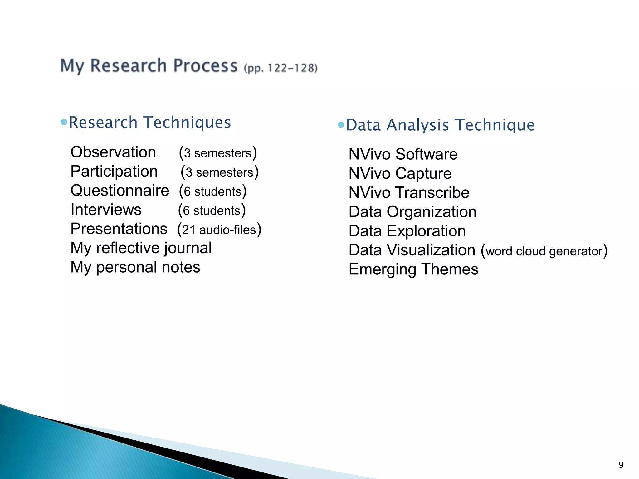 9
Observation (3 semesters)
Participation (3 semesters)
Questionnaire (6 students)
Interviews (6 students)
Presentations (21 audio-files)
My reflective journal
My personal notes
Research Techniques Data Analysis Technique
NVivo Software
NVivo Capture
NVivo Transcribe
Data Organization
Data Exploration
Data Visualization (word cloud generator)
Emerging Themes
 