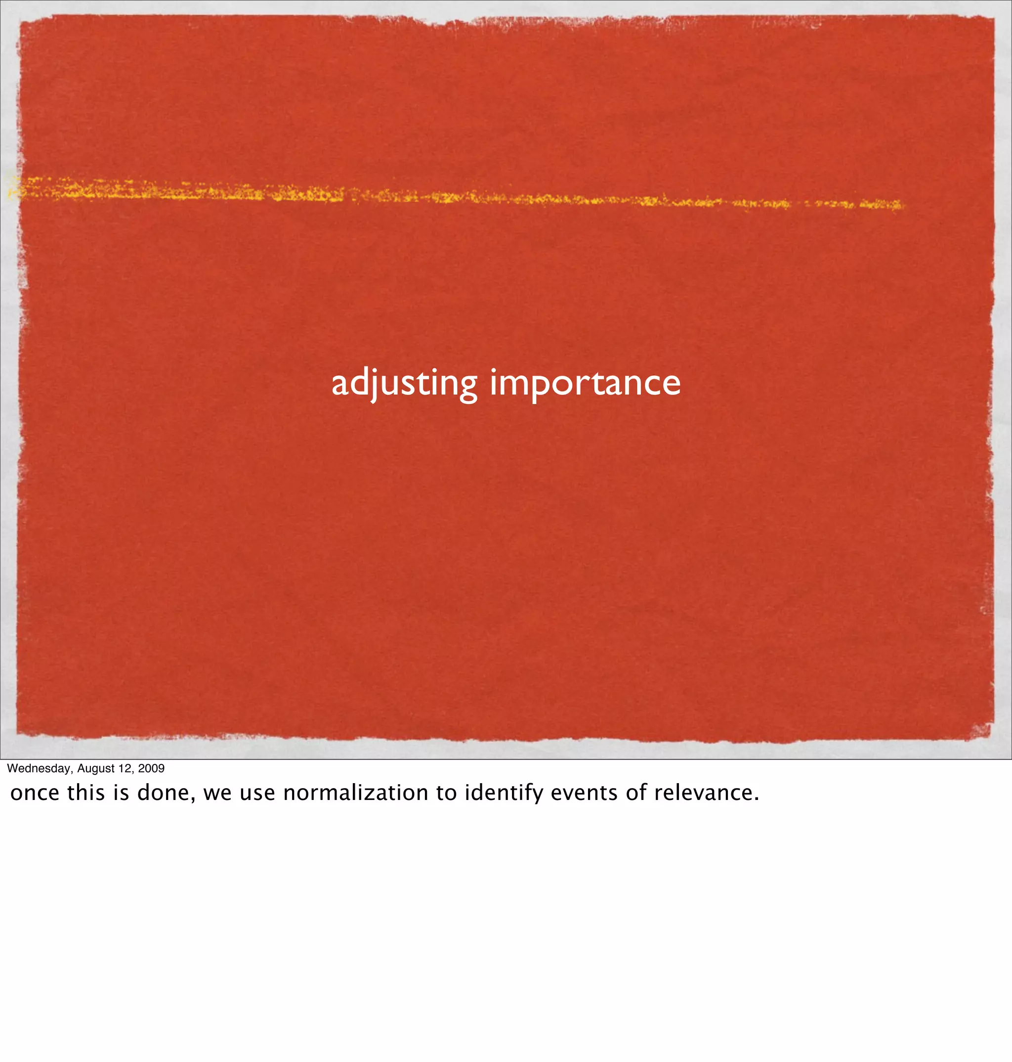 adjusting importance




Wednesday, August 12, 2009

once this is done, we use normalization to identify events of relevance.
 
