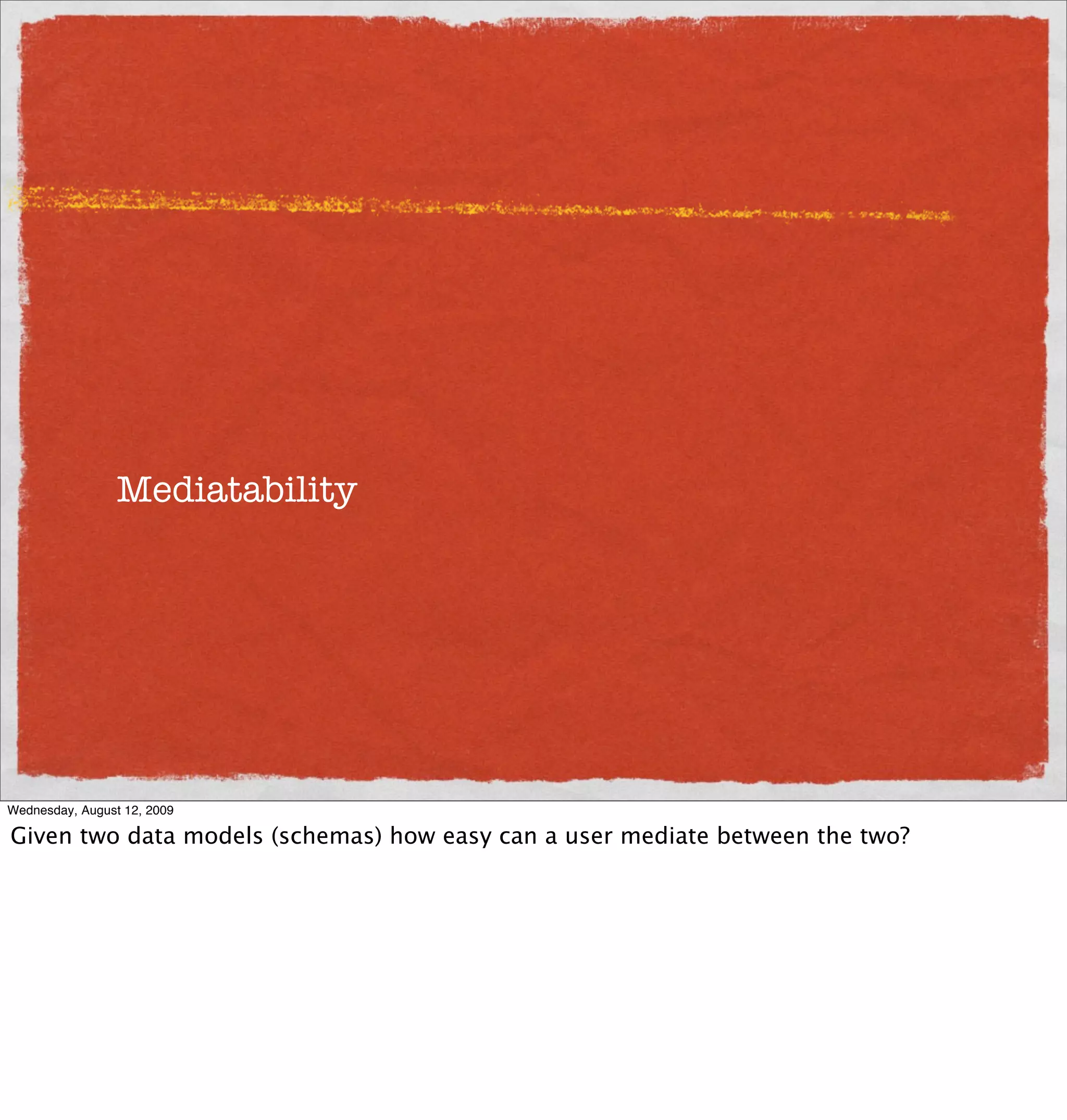 Mediatability




Wednesday, August 12, 2009

Given two data models (schemas) how easy can a user mediate between the two?
 