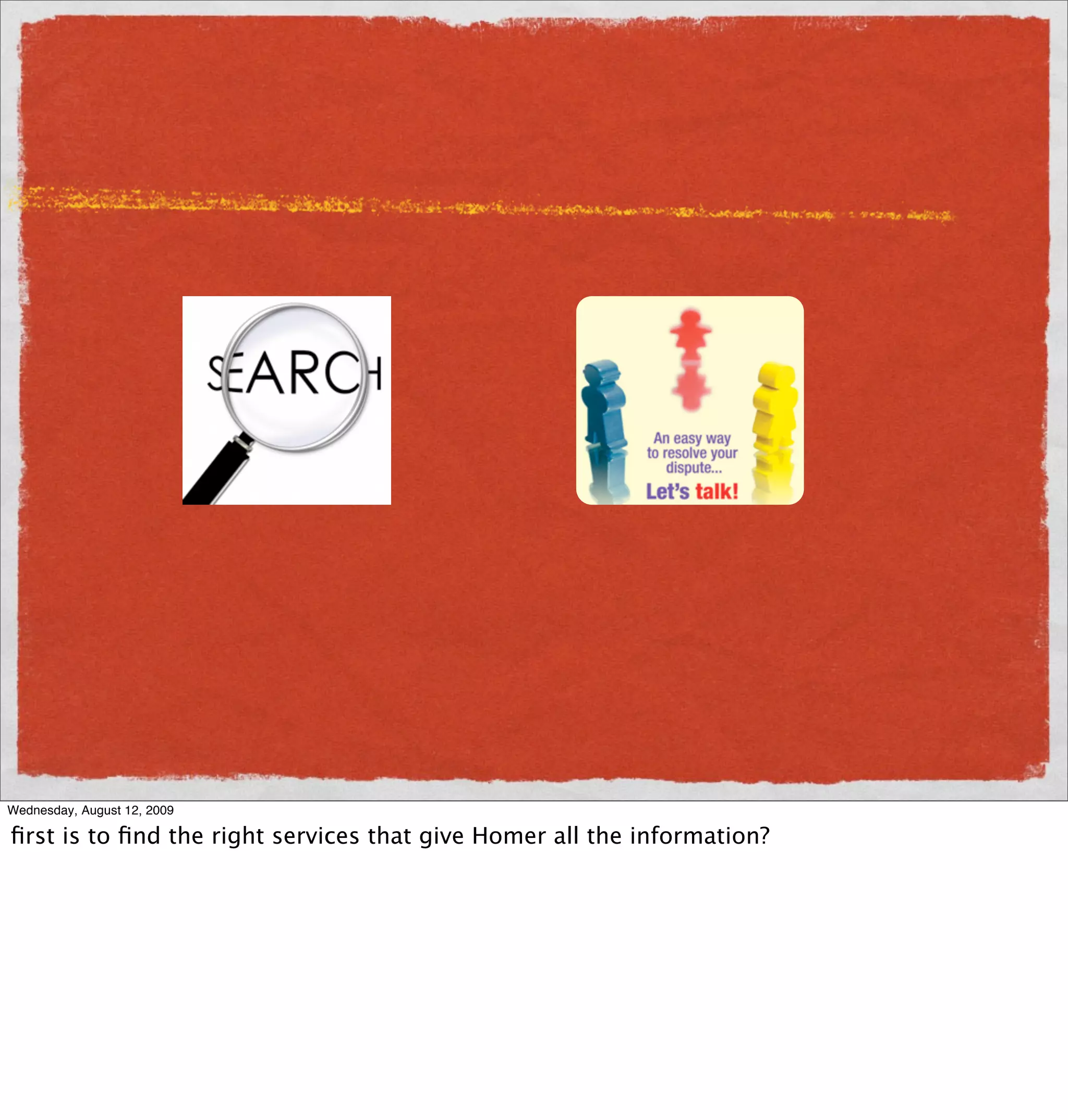 Wednesday, August 12, 2009

ﬁrst is to ﬁnd the right services that give Homer all the information?
 