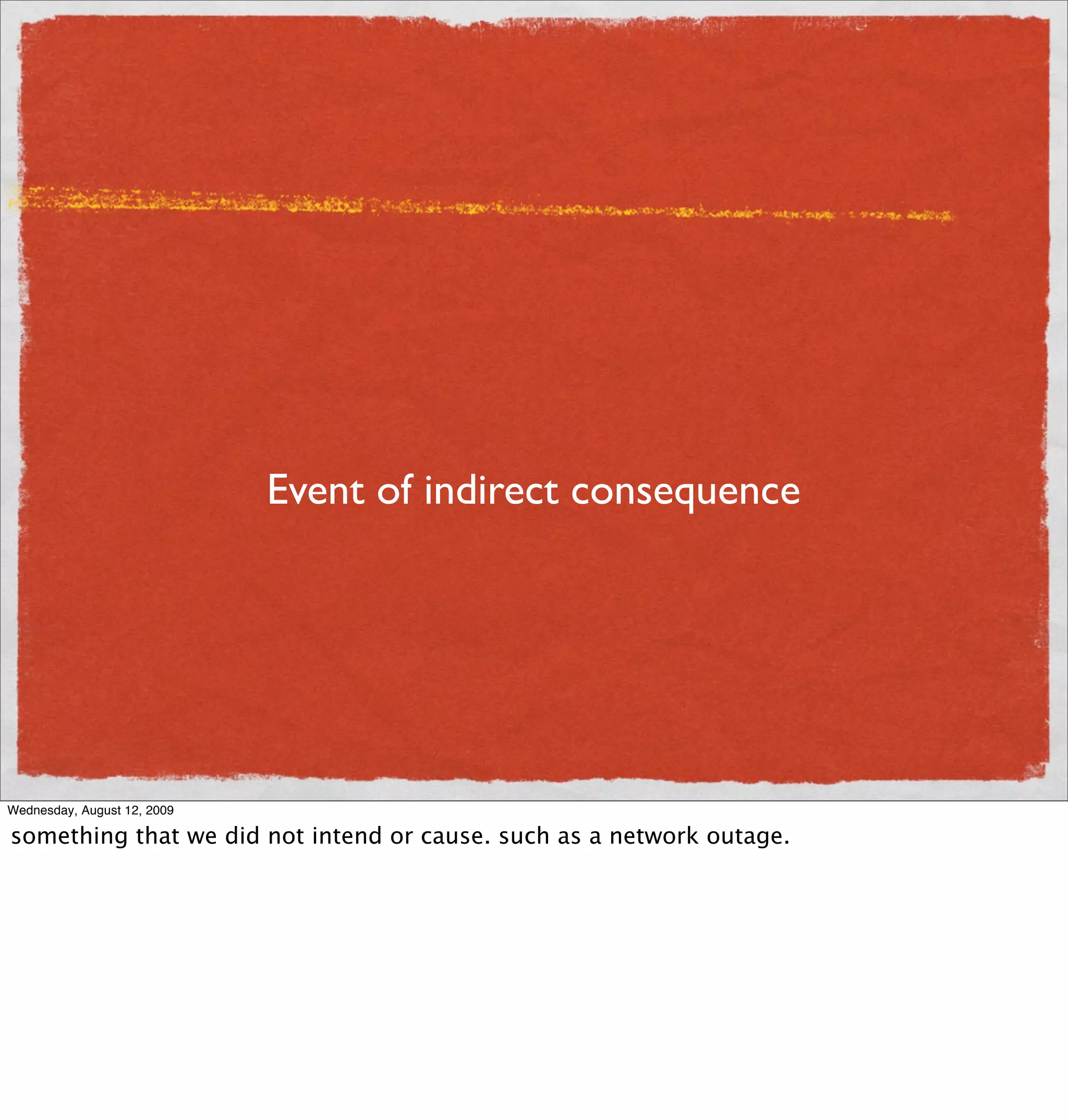 Event of indirect consequence




Wednesday, August 12, 2009

something that we did not intend or cause. such as a network outage.
 