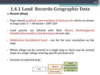 1.4 Current Cadastral System-Land Records
• Pakistan’s cadastre is composed of mainly two types of records:
▫ Cadastral Map (Parcel based map showing agriculture lands)
▫ Cadastral text document (17 Registers)
• Cadastral land record sets are developed at the time of settlement
• The land record data is maintained at Tehsil and District offices
21
 
