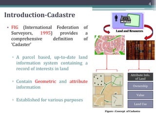 Introduction-Cadastre
• FIG (International Federation of
Surveyors, 1995) provides a
comprehensive definition of
‘Cadaster’
▫ A parcel based, up-to-date land
information system containing a
record of interests in land
▫ Contain Geometric and attribute
information
▫ Established for various purposes
4
Land and Resources
Attribute Info.
of Land
Ownership
Value
Land Use
Figure : Concept of Cadastre
Land and Resources
 
