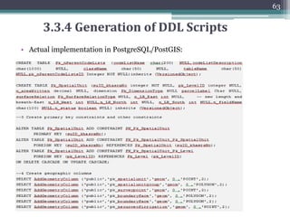 • Transformation from object oriented UML model (PIM) to a
Platform Specifc Model, targeting an object relational PostgreSQL
databse, with a PostGIS extension for spatial data and functions
• Transformation will convert:
▫ Classes = Tables
▫ Attributes = Columns
▫ Association = Relationship Tables (in case of RDBMS relationships and
intersection tables to represent many to many associations)
▫ Generate primary and foreign keys
▫ Code Lists = Look up tables
▫ ISO 19107 data types GM_Point, GM_Multisurface = PostGIS geometry
data type.
▫ Generate simple and geometry indices
62
3.3.3 Features of Designed PSM
 