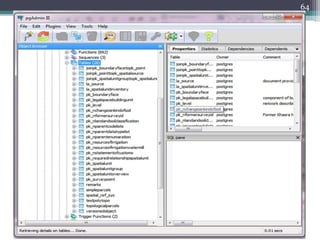 • Composite spatial unit id= SUGId(VillageID)
+ ParcelNo(KhasraNo)
• 0 -* attributes were broken down into
separate tables
• Primary and Foreign key constraints, indexes
• The "Transformation from PSM to DDL
(PostgreSQL/PostGIS)" (section 7.3),
resulting in Data Definition Language (DDL)
and Data Manipulation Scripts (DML) scripts
to create the PostgreSQL/PostGIS database.
63
3.3.3 Features of Designed PSM
class DDL
Version EA 10.0 Unregistered Trial Version
Version EA 10.0 Unregistered Trial Version
Version EA 10.0 Unregistered Trial Version
Version EA 10.0 Unregistered Trial Version
Version EA 10.0 Unregistered Trial Version
Version EA 10.0 Unregistered Trial Version
Version EA 10.0 Unregistered Trial Version
Version EA 10.0 Unregistered Trial Version
Version EA 10.0 Unregistered Trial Version
Version EA 10.0 Unregistered Trial Version
Version EA 10.0 Unregistered Trial Version
Version EA 10.0 Unregistered Trial Version
Version EA 10.0 Unregistered Trial Version
Version EA 10.0 Unregistered Trial Version
Version EA 10.0 Unregistered Trial Version
Version EA 10.0 Unregistered Trial Version
Version EA 10.0 Unregistered Trial Version
Version EA 10.0 Unregistered Trial Version
Pk_SpatialUnit
«column»
suID_khasraNo :Oid
areaType :Pk_AreaType
FK pk_LevelID :integer
n_areaWritten :double
dimension :Pk_DimensionType
label :CharacterString
surfaceRelation :Pk_SurfaceRelationType
sourceParcel :array
n_LB_East :int
n_LB_West :int
n_LB_North :int
n_LB_South :int
n_fieldName :char
n_remarks :char
n_status :boolean
FK pk_PointID :Integer
referencePoint :GM_Point
FK pk_nLandAndSoilClassificationID :Integer
FK pk_nSourceOfIrrigationID :Integer
*PK pk_SpatialUnitID :Integer
FK level :Integer
«FK»
+ FK_Pk_SpatialUnit_Pk_SpatialUnit(integer)
+ FK_Pk_SpatialUnit_Pk_Leve()
+ referencePoint(Integer)
+ FK_Pk_SpatialUnit_Pk_nLandAndSoilClassification(Integer)
+ FK_Pk_SpatialUnit_Pk_nSourceOfIrrigation(Integer)
+ FK_level(Integer)
+ FK_Pk_SpatialUnit_VersionedObject(Integer)
+ FK_Pk_SpatialUnit_Pk_SpatialUnit(Integer)
+ FK_Pk_SpatialUnit_Pk_Level(integer)
«PK»
+ PK_Pk_SpatialUnit(Integer)
+ PK_Pk_SpatialUnit(integer)
«index»
+ idx_suID_khasraNo()
class DDL
red Trial Version
red Trial Version
red Trial Version
red Trial Version
red Trial Version
red Trial Version
red Trial Version
red Trial Version
red Trial Version
red Trial Version
red Trial Version
red Trial Version
red Trial Version
red Trial Version
red Trial Version
red Trial Version
red Trial Version Pk_SpatialSource
«column»
*PK pk_SpatialSourceID :Integer
FK suID_khasraNo :integer
measurements :OM_Observation
procedure :n_Pk_SurveyType
type :Pk_SpatialSourceType
n_pk_surveyorName :char
n_pk_designation :char
n_tatimaShajra :binary
n_Pk_TransactionType :n_Pk_transactionType
n_Pk_TransactionName :n_Pk_transactionName
«FK»
+ FK_Pk_SpatialSource_Pk_SpatialUnit(integer)
«unique»
+ UQ_Pk_SpatialSource_suID_khasraNo(integer)
«PK»
+ PK_Pk_SpatialSource(smallint)
class DDL
Version EA 10.0 Unregistered Trial Version EA 10.0 Unregistered Trial Version
Version EA 10.0 Unregistered Trial Version EA 10.0 Unregistered Trial Version
Version EA 10.0 Unregistered Trial Version EA 10.0 Unregistered Trial Version
Version EA 10.0 Unregistered Trial Version EA 10.0 Unregistered Trial Version
Version EA 10.0 Unregistered Trial Version EA 10.0 Unregistered Trial Version
Version EA 10.0 Unregistered Trial Version EA 10.0 Unregistered Trial Version
Version EA 10.0 Unregistered Trial Version EA 10.0 Unregistered Trial Version
Version EA 10.0 Unregistered Trial Version EA 10.0 Unregistered Trial Version
Version EA 10.0 Unregistered Trial Version EA 10.0 Unregistered Trial Version
Version EA 10.0 Unregistered Trial Version EA 10.0 Unregistered Trial Version
Version EA 10.0 Unregistered Trial Version EA 10.0 Unregistered Trial Version
Version EA 10.0 Unregistered Trial Version EA 10.0 Unregistered Trial Version
Version EA 10.0 Unregistered Trial Version EA 10.0 Unregistered Trial Version
Version EA 10.0 Unregistered Trial Version EA 10.0 Unregistered Trial Version
Version EA 10.0 Unregistered Trial Version EA 10.0 Unregistered Trial Version
Version EA 10.0 Unregistered Trial Version EA 10.0 Unregistered Trial Version
Version EA 10.0 Unregistered Trial Version EA 10.0 Unregistered Trial Version
Version EA 10.0 Unregistered Trial Version EA 10.0 Unregistered Trial Version
Version EA 10.0 Unregistered Trial Version EA 10.0 Unregistered Trial Version
Pk_nLandAndSoilClassification
«column»
*PK pk_nLandAndSoilClassificationID :Integer
FK suId_KhasraNo :integer
LandTypeID :int
soilClassification :Pk_nsoilClassification
landClasss :Pk_nlandClassIrrigated,Pk_nlandClassUnIrrigated
extent :Pk_BoundaryFaceString
«FK»
+ FK_Pk_nLandAndSoilClassification_Pk_SpatialUnit(integer)
«PK»
+ PK_Pk_nLandAndSoilClassification(smallint)
 