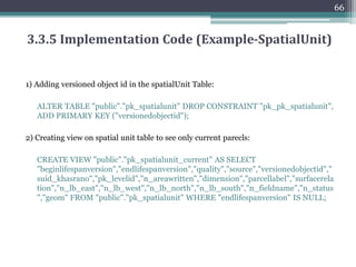 1) Create enumerations and Data Types - For example
Pk_DimensionType.
2) Create Tables
3) Create Geographic Columns
4) Create Primary Key Constraints Primary key constraints.
5) Create Constraints The non-primary key base table constraints are
generated (Unique key [uk], Check [check], and Foreign key [fk]
constraint).
6) Create Indexes
7) Create Views
8) Populate Look-up Tables <<CodeList>> tables will be populated with
a DML insert script
65
3.3.4 Implementation of the Adapted
LADM Packages in PostgreSQL
 