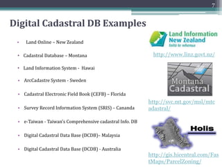 Digital Cadastral DB Examples
• ArcCadastre System - Sweden
• Cadastral Electronic Field Book (CEFB) – Florida
• Survey Record Information System (SRIS) – Cananda
• e-Taiwan - Taiwan’s Comprehensive cadastral Info. DB
• Digital Cadastral Data Base (DCDB)– Malaysia
• Digital Cadastral Data Base (DCDB) - Australia
7
• Land Online – New Zealand
• Cadastral Database – Montana
• Land Information System - Hawai
http://www.linz.govt.nz/
http://svc.mt.gov/msl/mtc
adastral/
http://gis.hicentral.com/Fas
tMaps/ParcelZoning/
 