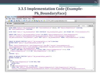 6) Creating rule to set
endlifspanversion attribute in
case of delete:
CREATE RULE
"pk_spatialunit_del" AS ON
DELETE TO
"public"."pk_spatialunit“ DO
INSTEAD UPDATE
"public"."pk_spatialunit" SET
"endlifespanversion" =
current_timestamp WHERE
"versionedobjectid" =
OLD."versionedobjectid" AND
"endlifespanversion" IS NULL;
70
7) Creating triggers to call update and
insert function upon each row update
or insert:
CREATE TRIGGER "pk_spatialunit_update"
BEFORE UPDATE ON
"public"."pk_spatialunit"
FOR EACH ROW EXECUTE PROCEDURE
"public"."pk_spatialunit_update"();
CREATE TRIGGER "pk_spatialunit_insert"
BEFORE INSERT ON
"public"."pk_spatialunit"
FOR EACH ROW EXECUTE PROCEDURE
"public"."pk_spatialunit_insert"();
3.3.5 Implementation Code (Example-SpatialUnit)
 