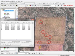 76
4.1 Geo-referencing of Masawis
• Issue:
▫ Maps made in local scale
▫ Old manual maps and new satellite image
• Possible methodologies:
▫ Field survey
▫ Image to map geo-referencing
• Identification of 29 common points/ parcels through pattern
matching and visual interpretation
• 1st order polynomial (Affine transformation)
▫ Selection of control points
▫ Apply Affine transformation and examine RMS
▫ Rectification
 