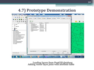 4.6) Spatial Type Cadastral Parcel Transactions
89
2) Merging Parcel Transaction: When two or more parcels adjacent
parcels are owned by same person and merged to one.
▫ Status: Implemented
▫ Classes Involved: Pk_SpatialUnit, Pk_RequiredRelationshipSpatialUnit,
Pk_boundaryFace, Pk_SpatialSource, Pk_Level
▫ Functions used:
▫ ST_RemEdgeNewFace: Removes an edge and, if the removed edge separated two faces,
delete the original faces and replace them with a new face.
▫ ST_RemEdgeModFace: Removes an edge and, if the removed edge separated two faces,
delete one of the them and modify the other to take the space of both.
▫ Updates all existing joined edges and relationships accordingly.
▫ Parent parcel information can be stored in sourceParcel attribute of table Pk_spatialUnit
 