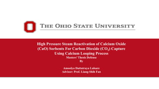 High Pressure Steam Reactivation of Calcium Oxide
(CaO) Sorbents For Carbon Dioxide (CO2) Capture
Using Calcium Looping Process
Masters’ Thesis Defense
By
Amoolya Dattatraya Lalsare
Advisor: Prof. Liang-Shih Fan
 