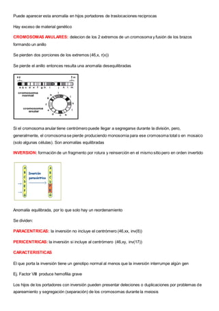 Puede aparecer esta anomalía en hijos portadores de traslocaciones reciprocas
Hay exceso de material genético
CROMOSOMAS ANULARES: delecion de los 2 extremos de un cromosoma y fusión de los brazos
formando un anillo
Se pierden dos porciones de los extremos (46,x, r(x))
Se pierde el anillo entonces resulta una anomalía desequilibradas
Si el cromosoma anular tiene centrómero puede llegar a segregarse durante la división, pero,
generalmente, el cromosoma se pierde produciendo monosomia para ese cromosoma total o en mosaico
(solo algunas células). Son anomalías equilibradas
INVERSION: formación de un fragmento por rotura y reinserción en el mismo sitio pero en orden invertido
Anomalía equilibrada, por lo que solo hay un reordenamiento
Se dividen:
PARACENTRICAS: la inversión no incluye el centrómero (46,xx, inv(8))
PERICENTRICAS: la inversión si incluye al centrómero (46,xy, inv(17))
CARACTERISTICAS
El que porta la inversión tiene un genotipo normal al menos que la inversión interrumpe algún gen
Ej. Factor VIII produce hemofilia grave
Los hijos de los portadores con inversión pueden presentar deleciones o duplicaciones por problemas de
apareamiento y segregación (separación) de los cromosomas durante la meiosis
 
