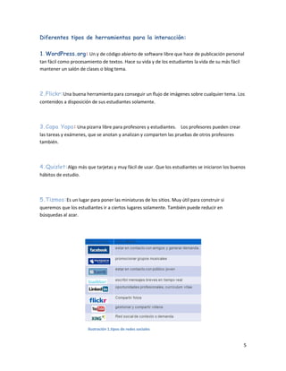 Diferentes tipos de herramientas para la interacción:

1. WordPress.org: Un y de código abierto de software libre que hace de publicación personal
tan fácil como procesamiento de textos. Hace su vida y de los estudiantes la vida de su más fácil
mantener un salón de clases o blog tema.



2.Flickr:Una buena herramienta para conseguir un flujo de imágenes sobre cualquier tema. Los
contenidos a disposición de sus estudiantes solamente.



3.Capa Yapa: Una pizarra libre para profesores y estudiantes. Los profesores pueden crear
las tareas y exámenes, que se anotan y analizan y comparten las pruebas de otros profesores
también.



4.Quizlet:Algo más que tarjetas y muy fácil de usar. Que los estudiantes se iniciaron los buenos
hábitos de estudio.



5.Tizmos:Es un lugar para poner las miniaturas de los sitios. Muy útil para construir si
queremos que los estudiantes ir a ciertos lugares solamente. También puede reducir en
búsquedas al azar.




                       Ilustración 1.tipos de redes sociales


                                                                                                    5
 