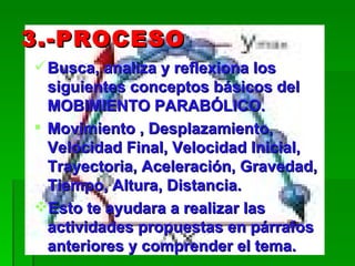 3.-PROCESO Busca, analiza y reflexiona los siguientes conceptos básicos del MOBIMIENTO PARABÓLICO. Movimiento , Desplazamiento, Velocidad Final, Velocidad Inicial, Trayectoria, Aceleración, Gravedad, Tiempo, Altura, Distancia. Esto te ayudara a realizar las actividades propuestas en párrafos anteriores y comprender el tema.  