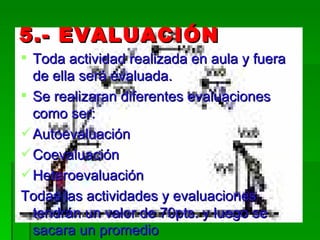 5.- EVALUACIÓN Toda actividad realizada en aula y fuera de ella será evaluada.  Se realizaran diferentes evaluaciones como ser:  Autoevaluación  Coevaluación Heteroevaluación Todas las actividades y evaluaciones tendrán un valor de 70pts. y luego se sacara un promedio 