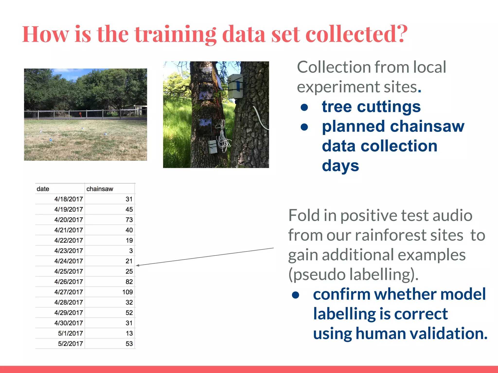 How is the training data set collected?
Collection from local
experiment sites.
● tree cuttings
● planned chainsaw
data collection
days
Fold in positive test audio
from our rainforest sites to
gain additional examples
(pseudo labelling).
● confirm whether model
labelling is correct
using human validation.
 