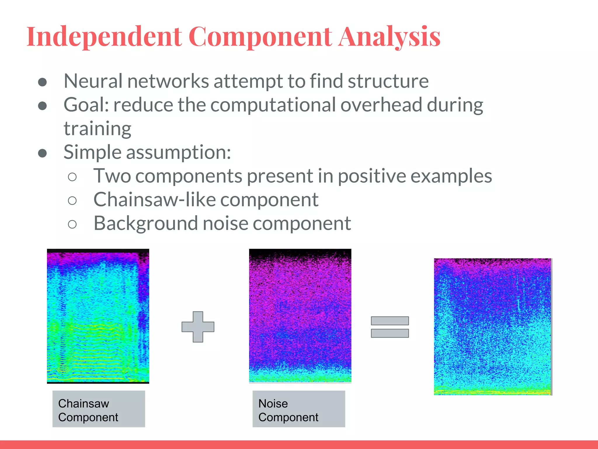 Independent Component Analysis
● Neural networks attempt to find structure
● Goal: reduce the computational overhead during
training
● Simple assumption:
○ Two components present in positive examples
○ Chainsaw-like component
○ Background noise component
Chainsaw
Component
Noise
Component
 