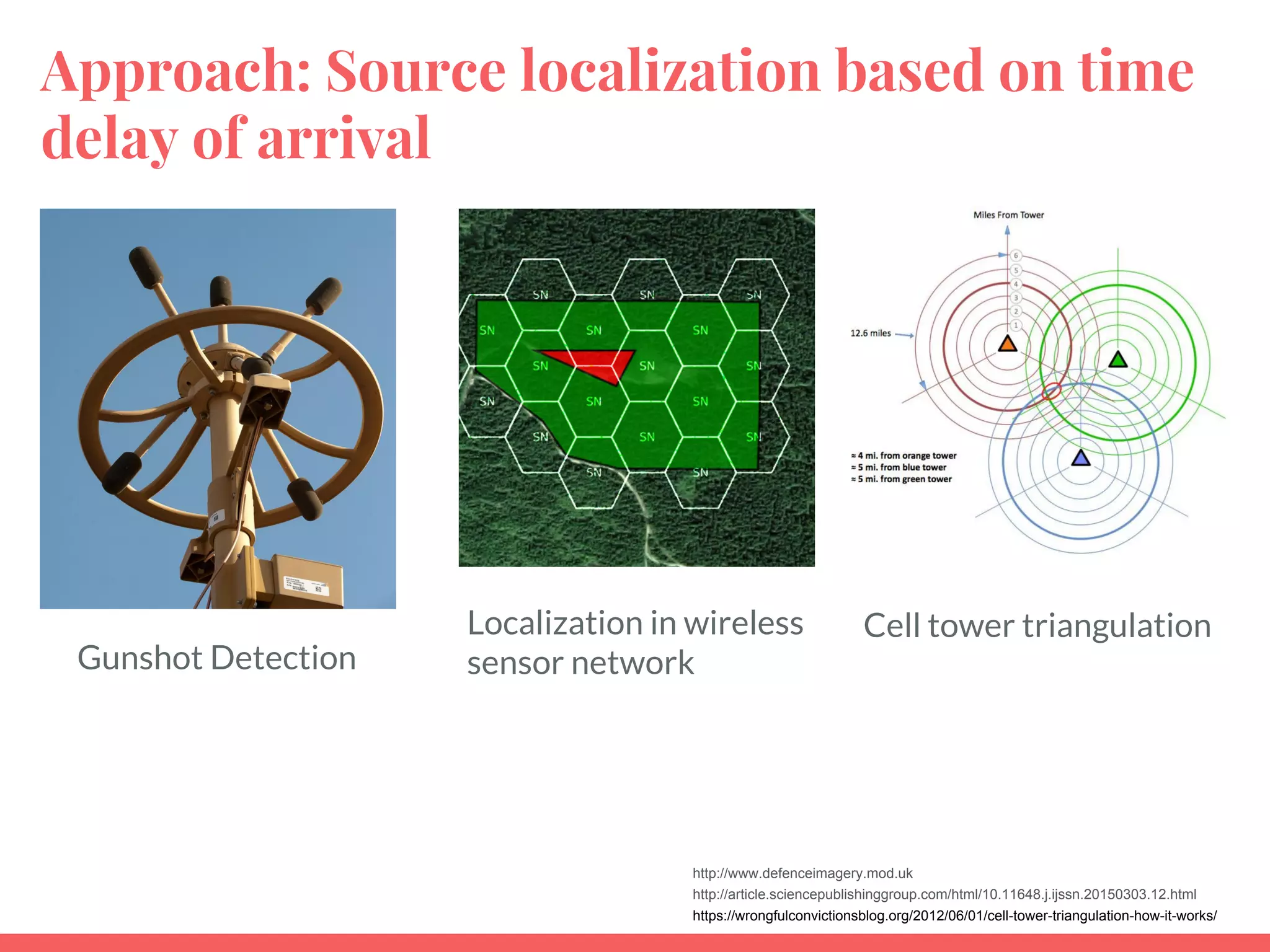 Approach: Source localization based on time
delay of arrival
Gunshot Detection
https://wrongfulconvictionsblog.org/2012/06/01/cell-tower-triangulation-how-it-works/
http://www.defenceimagery.mod.uk
http://article.sciencepublishinggroup.com/html/10.11648.j.ijssn.20150303.12.html
Cell tower triangulationLocalization in wireless
sensor network
 