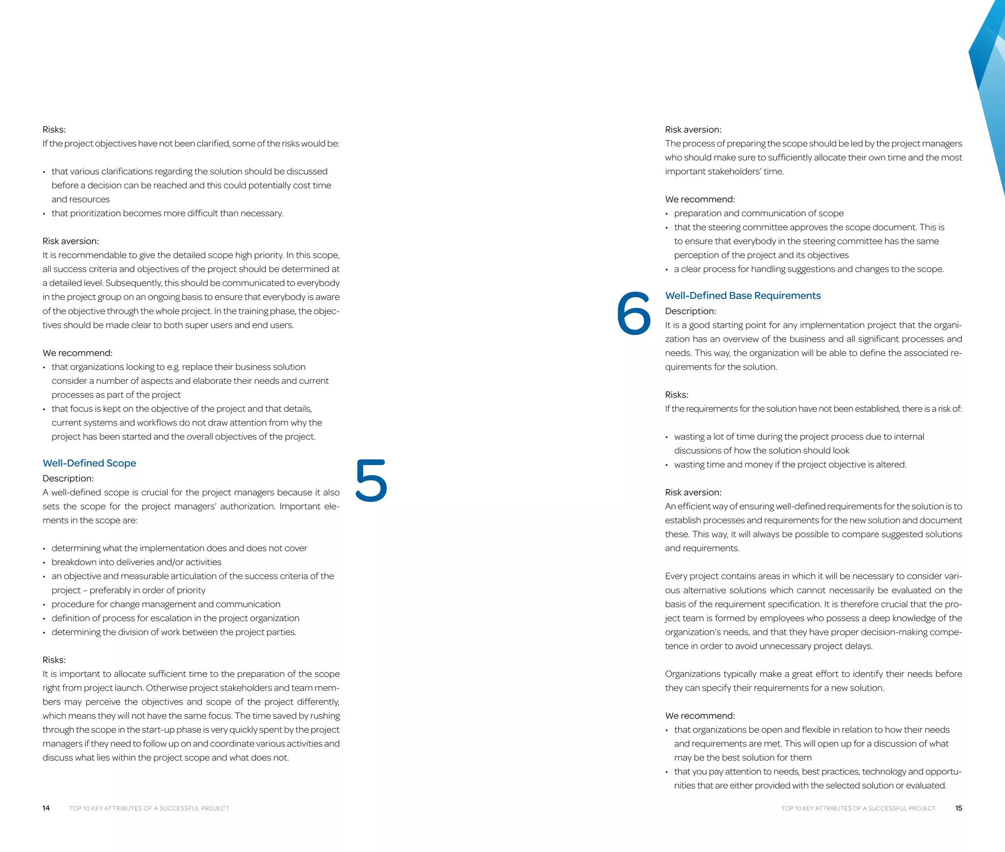 Risk aversion:
The process of preparing the scope should be led by the project managers
who should make sure to sufficiently allocate their own time and the most
important stakeholders’ time.

Risks:
If the project objectives have not been clarified, some of the risks would be:
•	  hat various clarifications regarding the solution should be discussed
t
before a decision can be reached and this could potentially cost time
and resources
•	 that prioritization becomes more difficult than necessary.
Risk aversion:
It is recommendable to give the detailed scope high priority. In this scope,
all success criteria and objectives of the project should be determined at
a detailed level. Subsequently, this should be communicated to everybody
in the project group on an ongoing basis to ensure that everybody is aware
of the objective through the whole project. In the training phase, the objectives should be made clear to both super users and end users.
We recommend:
•	  hat organizations looking to e.g. replace their business solution
t
consider a number of aspects and elaborate their needs and current
processes as part of the project
•	  hat focus is kept on the objective of the project and that details,
t
current systems and workflows do not draw attention from why the
project has been started and the overall objectives of the project.

Well-Defined Scope
Description:
A well-defined scope is crucial for the project managers because it also
sets the scope for the project managers’ authorization. Important elements in the scope are:
•	 determining what the implementation does and does not cover
•	 breakdown into deliveries and/or activities
•	  n objective and measurable articulation of the success criteria of the
a
project – preferably in order of priority
•	 procedure for change management and communication
•	 definition of process for escalation in the project organization
•	 determining the division of work between the project parties.
Risks:
It is important to allocate sufficient time to the preparation of the scope
right from project launch. Otherwise project stakeholders and team members may perceive the objectives and scope of the project differently,
which means they will not have the same focus. The time saved by rushing
through the scope in the start-up phase is very quickly spent by the project
managers if they need to follow up on and coordinate various activities and
discuss what lies within the project scope and what does not.

14

Top 10 Key Attributes of a Successful Project

6

We recommend:
•	 preparation and communication of scope
•	  hat the steering committee approves the scope document. This is
t
to ensure that everybody in the steering committee has the same
perception of the project and its objectives
•	 a clear process for handling suggestions and changes to the scope.

Well-Defined Base Requirements
Description:
It is a good starting point for any implementation project that the organization has an overview of the business and all significant processes and
needs. This way, the organization will be able to define the associated requirements for the solution.
Risks:
If the requirements for the solution have not been established, there is a risk of:

5

•	  asting a lot of time during the project process due to internal
w
discussions of how the solution should look
•	 wasting time and money if the project objective is altered.
Risk aversion:
An efficient way of ensuring well-defined requirements for the solution is to
establish processes and requirements for the new solution and document
these. This way, it will always be possible to compare suggested solutions
and requirements.
Every project contains areas in which it will be necessary to consider various alternative solutions which cannot necessarily be evaluated on the
basis of the requirement specification. It is therefore crucial that the project team is formed by employees who possess a deep knowledge of the
organization’s needs, and that they have proper decision-making competence in order to avoid unnecessary project delays.
Organizations typically make a great effort to identify their needs before
they can specify their requirements for a new solution.
We recommend:
•	  hat organizations be open and flexible in relation to how their needs
t
and requirements are met. This will open up for a discussion of what
may be the best solution for them
•	  hat you pay attention to needs, best practices, technology and opportut
nities that are either provided with the selected solution or evaluated.
Top 10 Key Attributes of a Successful Project

15

 