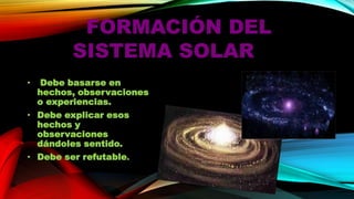 FORMACIÓN DEL
SISTEMA SOLAR
Debe basarse en
hechos, observaciones
o experiencias.
• Debe explicar esos
hechos y
observaciones
dándoles sentido.
• Debe ser refutable.
•

 