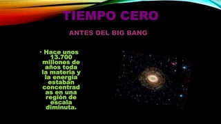TIEMPO CERO
ANTES DEL BIG BANG
• Hace unos
13.700
millones de
años toda
la materia y
la energía
estaban
concentrad
as en una
región de
escala
diminuta.

 