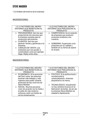 Página
10
1.5) Análisis del entorno de la empresa.
MICROENTORNO:
MACROENTORNO:
1.5.3) FACTORES DEL MACRO-
ENTORNO QUE BENEFICIAN AL
PRODUCTO
1.5.4) FACTORES DEL MACRO-
ENTORNO QUE PERJUDICAN AL
PRODUCTO
 ECONÓMICO: Si la economía
del Perú crece, las personas
tendrían más trabajos y más
ingresos para poder comprar
productos de lujo como los de
Steve Madden.
 SOCIAL: Muchos peruanos
viven de acuerdo con la moda y
el estilo de vida moderno,
entonces vestir con lentes de
sol es consecuencia.
 POLÍTICO: Si la política local o
mundial evita la
comercialización, entonces
perjudicaría a la marca.
 TECNOLÓGICO: Actualmente
no hay cambios bruscos en la
fabricación de lentes, de ser así
la empresa Steve Madden se
adaptaría rápidamente.
1.5.1) FACTORES DEL MICRO-
ENTORNO QUE BENEFICIAN AL
PRODUCTO
1.5.2) FACTORES DEL MICRO-
ENTORNO QUE PERJUDICAN AL
PRODUCTO
 PROVEEDORES: Son los que
proporcionan los recursos que
la empresa necesita para la
producción del producto.
 CLIENTES: Son los que
generan ventas y ganancias a la
empresa.
 CANALES DE VENTA: Las
empresas que nos ayudan a
comercializar como por ejemplo
Saga, Ripley entre otras.
 COMPETENCIA: Es el conjunto
de empresas que producen
productos similares a los
nuestros.
 GOBIERNO: Supervisan a los
productos por su calidad y
también en su forma de operar
en el país.
 