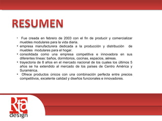 00 Fue creada en febrero de 2003 con el fin de producir y comercializar muebles modulares para la vida diaria. empresa manufacturera dedicada a la producción y distribución  de muebles  modulares para el hogar. consolidada como una empresa competitiva e innovadora en sus diferentes líneas: baños, dormitorios, cocinas, espacios, aéreas. trayectoria de 8 años en el mercado nacional de los cuales los últimos 5 años se ha extendido al mercado de los países de Centro América y Suramérica. Ofrece productos únicos con una combinación perfecta entre precios competitivos, excelente calidad y diseños funcionales e innovadores. 