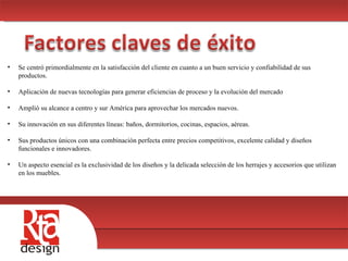 00 Se centró primordialmente en la satisfacción del cliente en cuanto a un buen servicio y confiabilidad de sus  productos. Aplicación de nuevas tecnologías para generar eficiencias de proceso y la evolución del mercado Amplió su alcance a centro y sur América para aprovechar los mercados nuevos.  Su innovación en sus diferentes líneas: baños, dormitorios, cocinas, espacios, aéreas. Sus productos únicos con una combinación perfecta entre precios competitivos, excelente calidad y diseños funcionales e innovadores. Un aspecto esencial es la exclusividad de los diseños y la delicada selección de los herrajes y accesorios que utilizan en los muebles. 