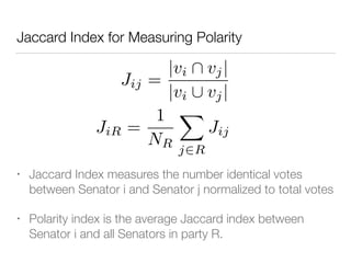 Jaccard Index for Measuring Polarity
• Jaccard Index measures the number identical votes
between Senator i and Senator j normalized to total votes
• Polarity index is the average Jaccard index between
Senator i and all Senators in party R.
Jij =
|vi  vj|
|vi [ vj|
JiR =
1
NR
X
j2R
Jij
 