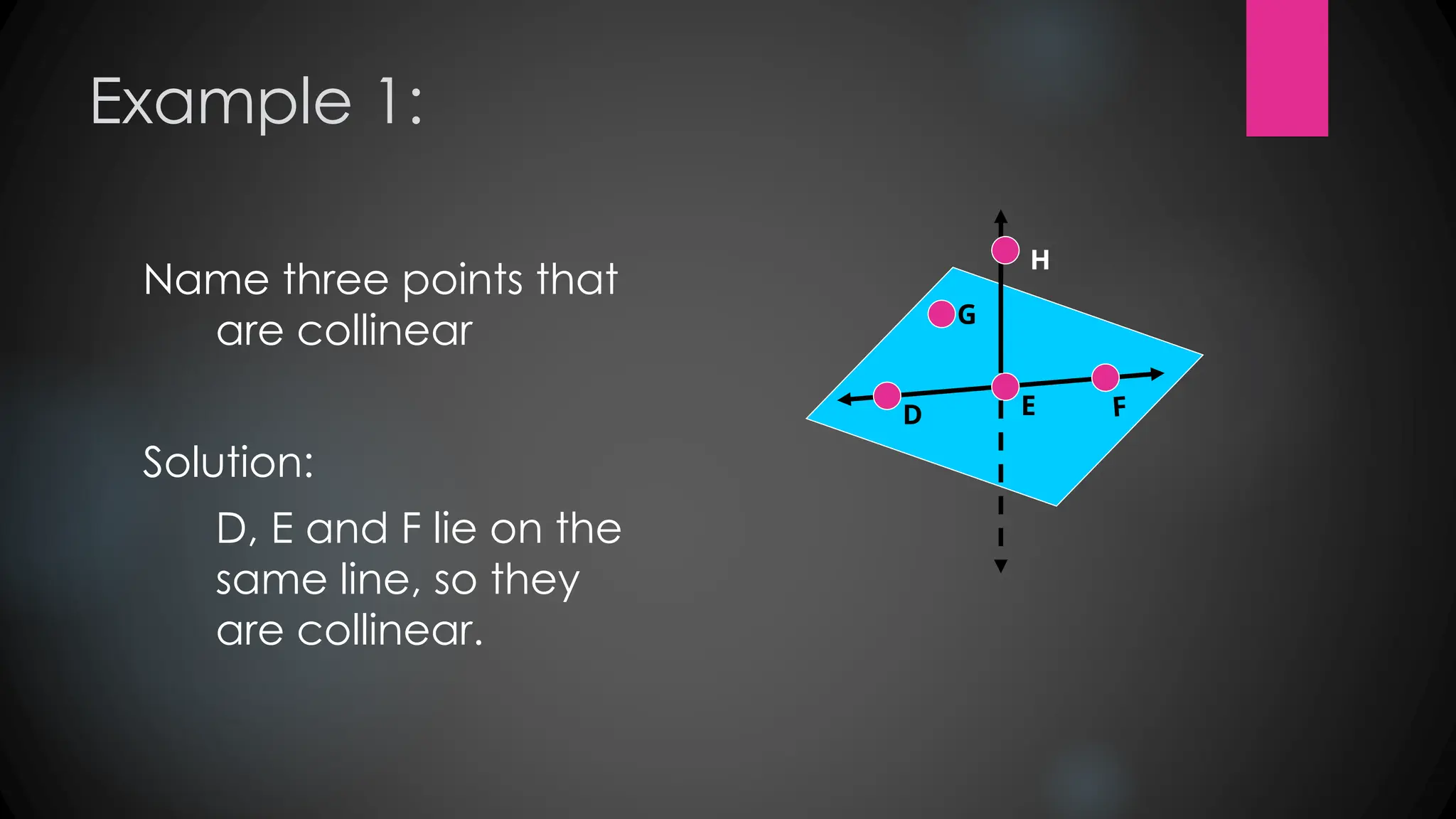 Example 1:
Name three points that
are collinear
Solution:
D, E and F lie on the
same line, so they
are collinear.
G
D E F
H
 