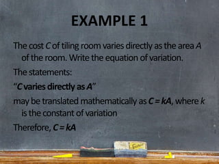 EXAMPLE 1
ThecostCoftiling roomvariesdirectlyastheareaA
oftheroom.Writetheequation ofvariation.
Thestatements:
“Cvariesdirectly asA”
maybetranslatedmathematically asC=kA,wherek
istheconstant ofvariation
Therefore, C=kA
 