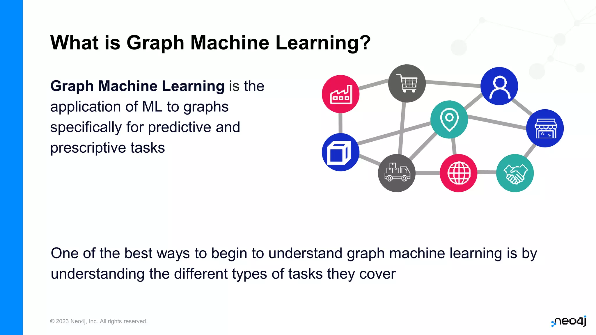 © 2023 Neo4j, Inc. All rights reserved.
What is Graph Machine Learning?
Graph Machine Learning is the
application of ML to graphs
specifically for predictive and
prescriptive tasks
One of the best ways to begin to understand graph machine learning is by
understanding the different types of tasks they cover
 