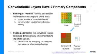 © 2023 Neo4j, Inc. All rights reserved.
Convolutional Layers Have 2 Primary Components
1. Filtering or “kernels” collect and smooth
information across regions of the input.
a. output is called a “convolved feature”.
b. kernel function weights learned during
training
1. Filtering or “kernels” collect and smooth
information across regions of the input.
a. output is called a “convolved feature”.
b. kernel function weights learned during
training
1. Pooling aggregates the convolved feature
to reduce dimensionality while maintaining
important signals.
a. can be done via averaging, choosing the
max value, or other pooling function
Images from A Comprehensive Guide to Convolutional Neural Networks (Towards Data Science)
and http://deeplearning.stanford.edu/tutorial/supervised/Pooling/ respectively
 