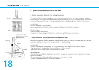 FOUNDATION by NG LEK YUEN
4.1 Type of foundations and type of pile used
1. Shallow foundation: Concrete Pad Footing Foundation
The pad footing foundations used are a form of spread foundation formed by rectangular or square
concrete pads that support localised single-point loads such as structural columns, groups of columns
or framed structures. The load is then spread by the pad to the bearing layer of soil or rock below.
Advantages:
- do not require much excavation.
- generally suitable where the bearing capacity of ground is relatively low depths.
Disadvantages:
- can be large in plan shape.
- may not be effective against differential settlement, uplift forces or wind forces.
2. Deep foundation: Precast Reinforced Concrete Square Piles
Precast Concrete Pile used on site is moulded in square form. The precast concrete piles are cast and
cured in a casting yard and then transported to the site for driving.
Advantages:
- cost of manufacturing will be less, as a large number of piles are manufactured at a time.
- highly resistant to biological and chemical actions of the sub soil.
- suitable in subsoil water which contains more sulphates.
Disadvantages:
- Precast Reinforced Concret piles are very heavy. So, special equipments are required for handling
and transportation.
- Once constructed, it is not possible to increase the length of the pile.
- Driving these piles created a lot of noise pollution.
18
Hammer
Precast Pile
Crane
Winch
leader pole used to
guide the hammer and
pile into position
Soil
Plan
Section
 