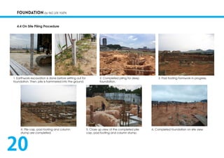 FOUNDATION by NG LEK YUEN
4.4 On Site Piling Procedure
1. Earthwork excavation is done before setting out for
foundation. Then, pile is hammered into the ground.
2. Completed piling for deep
foundation.
3. Pad footing formwork in progress.
4. Pile cap, pad footing and column
stump are completed.
5. Close up view of the completed pile
cap, pad footing and column stump.
6. Completed foundation on site view.
20
 