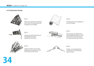 6.3 Construction Process
Step 1:
Steel roof trusses are arranged
and check to ensure they are
arranged accordingly.
Step 2:
Trusses are placed leaning on
the gable end walls
supported by beams
Step 3:
Trusses are then connected
together with battens to form
the whole roof structure
Step 4:
Underlayment are installed on
the roof trusses.
Step 5:
Tile spacing are determined
and installed starting from the
lower part to the top of roof
by using interlocking method.
Step 6:
Finally, concrete ridge tile
is placed on mortar bed &
point to finish.
ROOF by ARRON GOH SWEE TIEN
34
 